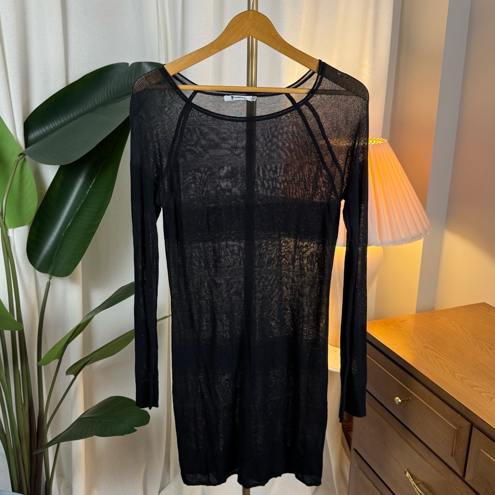 T by Alexander Wang Black Sheer Knit Long Sleeve Mini Dress Medium